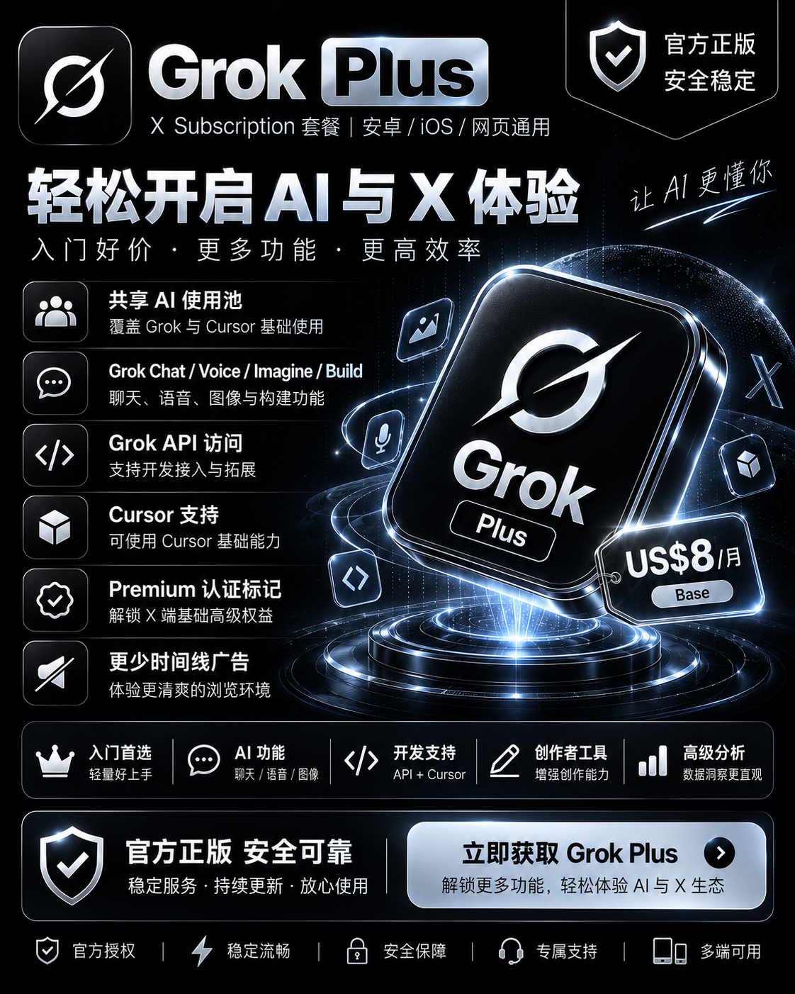 Grok Plus 月卡|新版多合一|官方正规充值【质保订阅】
